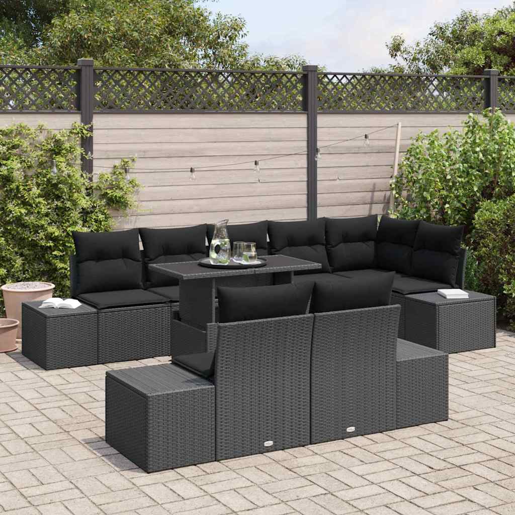 Gartensofa-set mit Kissen 9 pcs Schwarz Poly-Rattan
