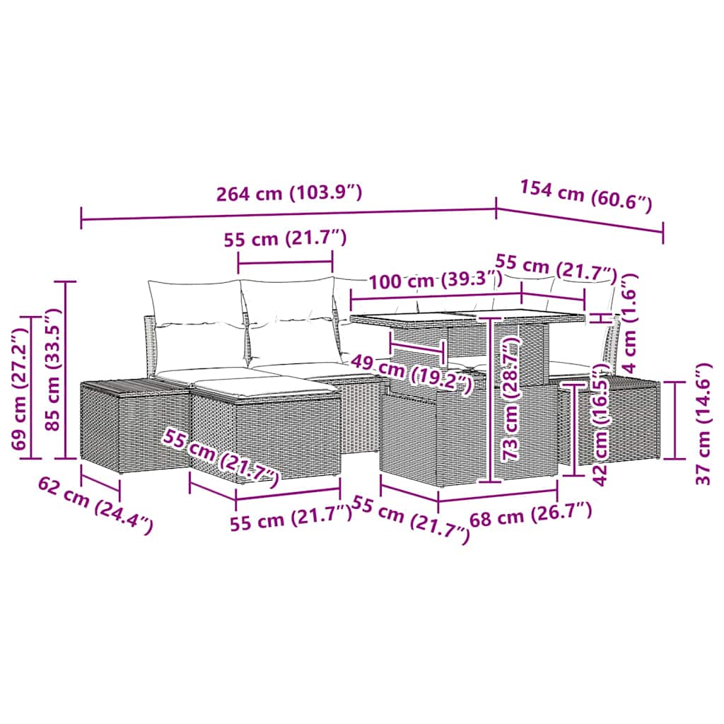 vidaXL Garten-Sofa-Set mit Kissen 7 pcs Schwarz und Creme