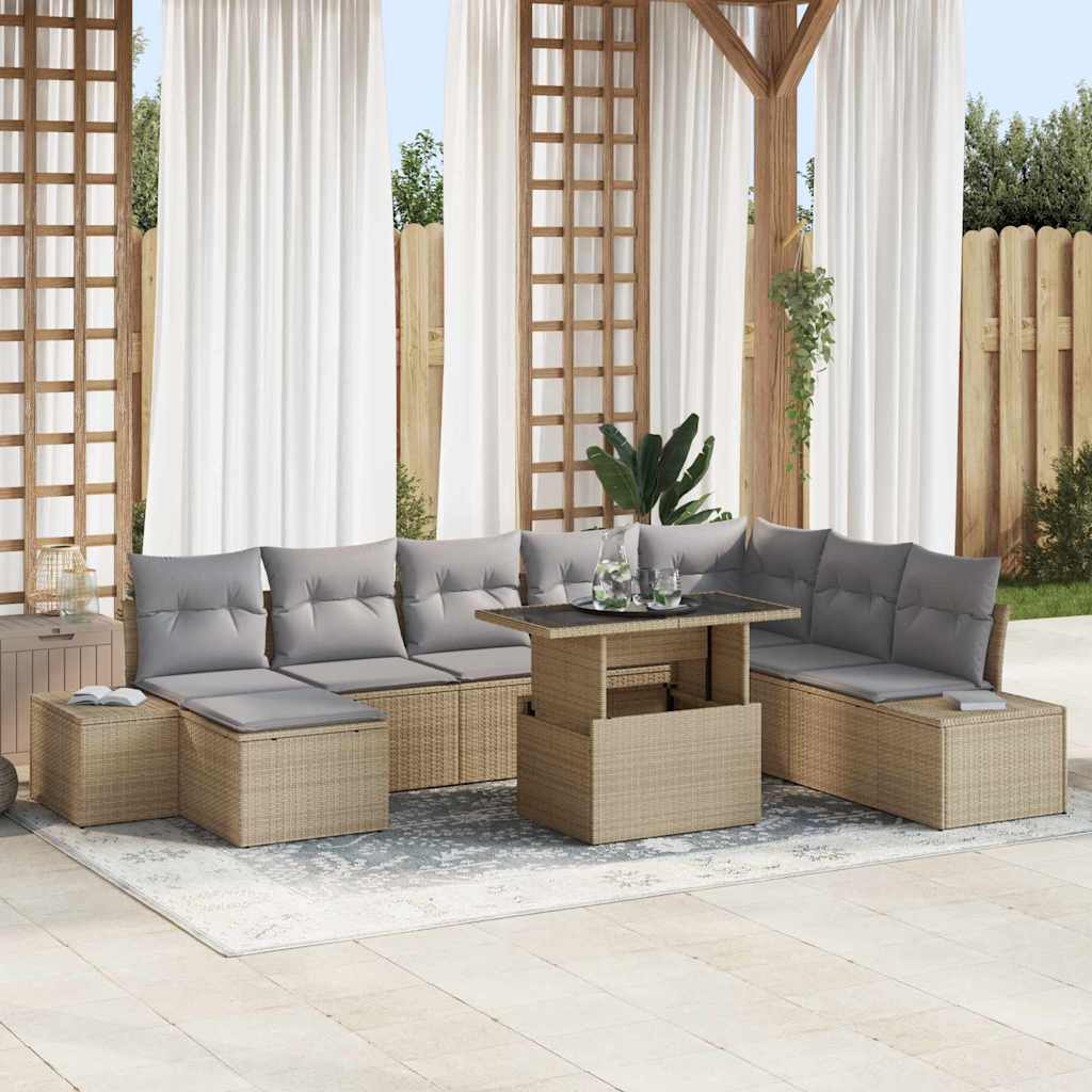 Gartensofa-set mit Kissen 9 pcs Beige und Hellgrau Poly-Rattan