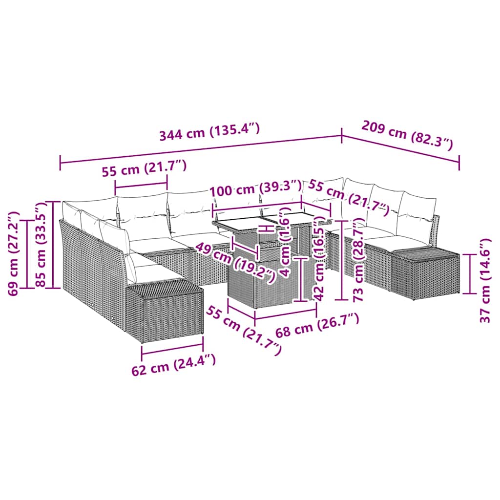 Garten-Sofa-Set mit Kissen mit Speicher 11 pcs Schwarz