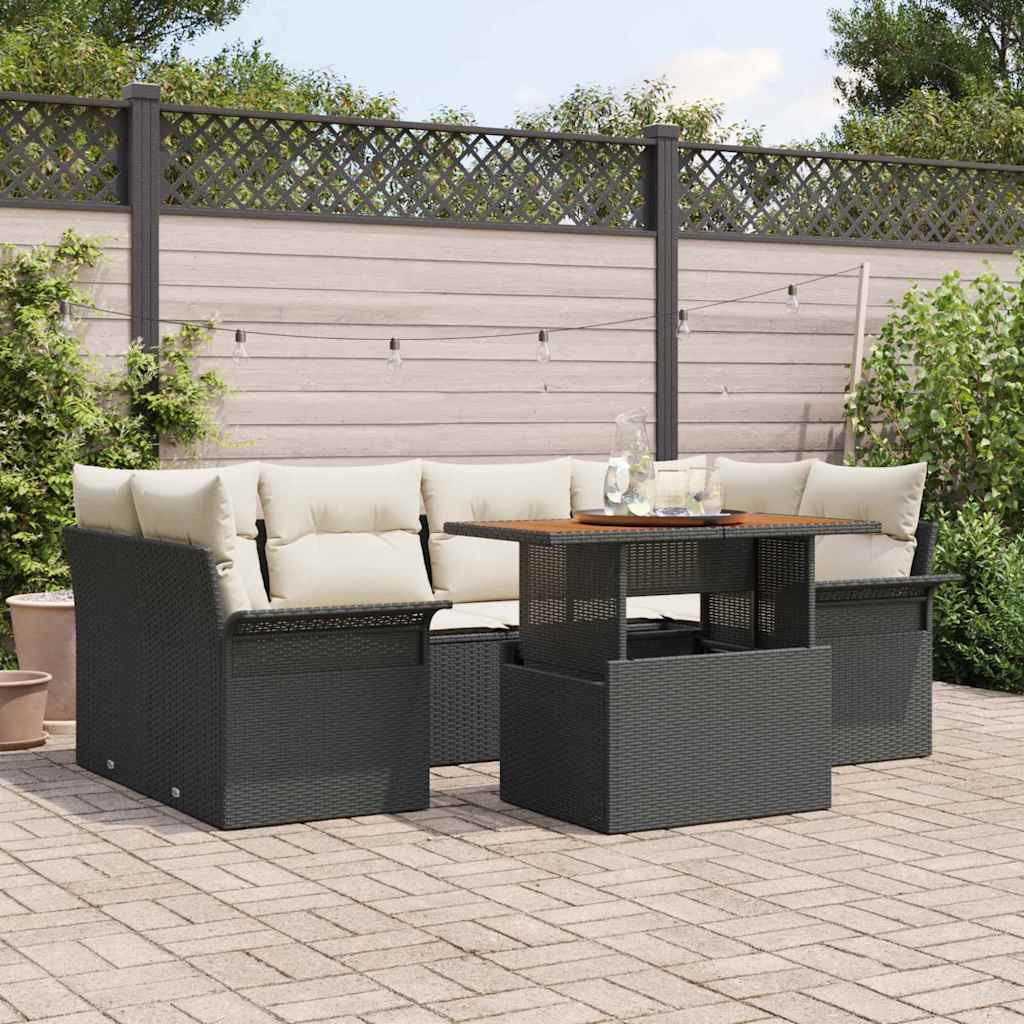 Garten-Sofa-Set mit Kissen 7 pcs Schwarz und Creme