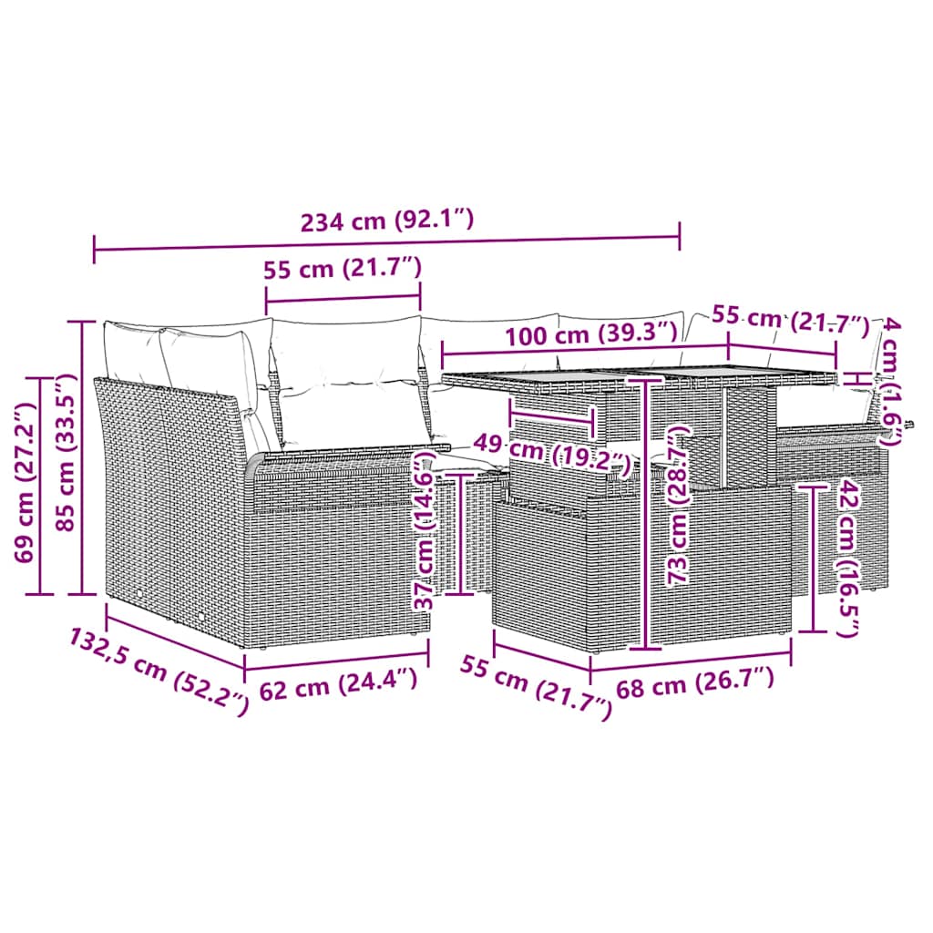 Garten-Sofa-Set mit Kissen 7 pcs Schwarz und Creme