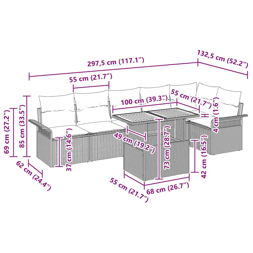 Gartensofa-set mit Kissen 7 pcs Grau Poly-Rattan
