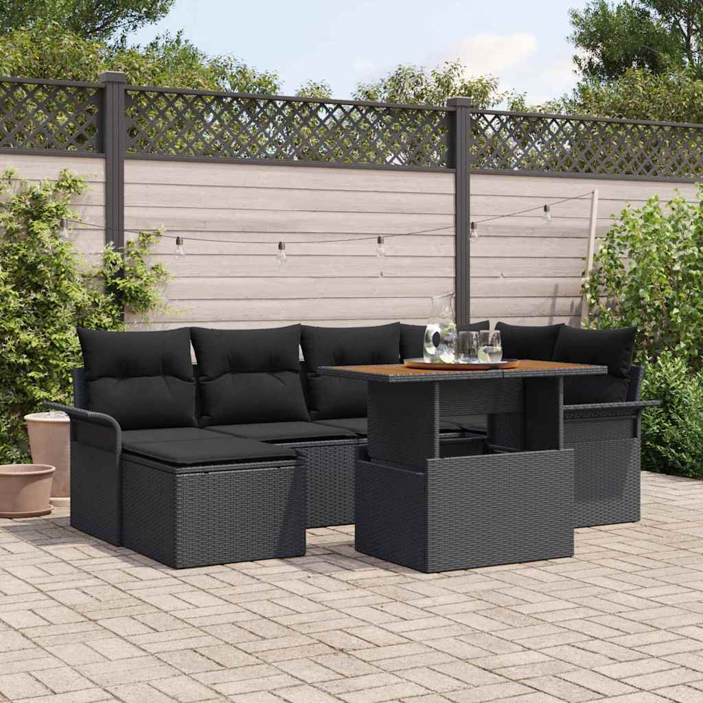 Gartensofa-set mit Kissen 7 pcs Schwarz Poly-Rattan