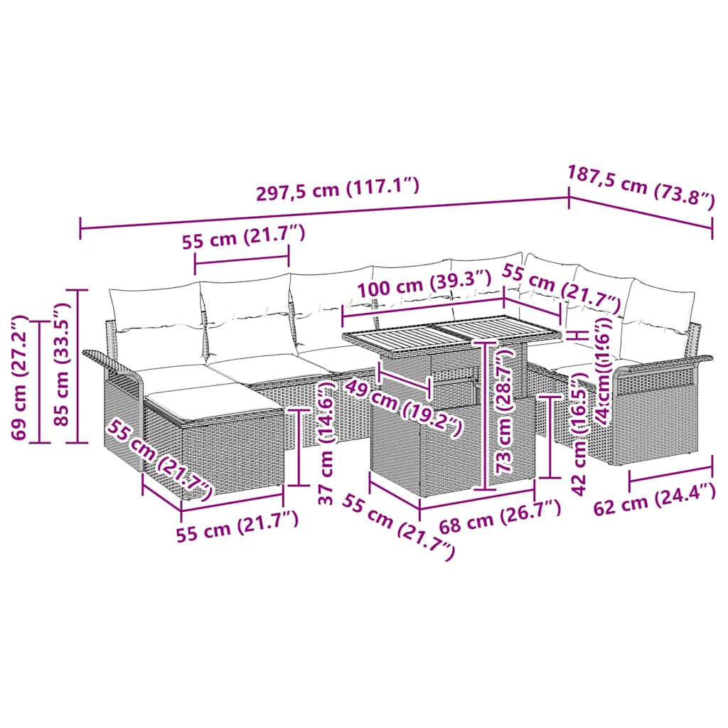 vidaXL Ensemble de canapés de jardin avec coussins 9 pcs Beige et Gris clair