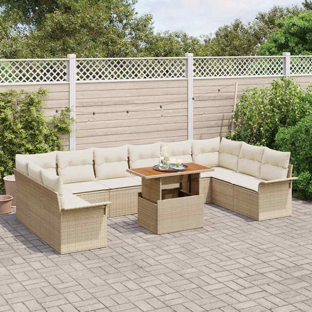 Gartensofa-set mit Kissen 11 pcs Beige und Creme Poly-Rattan