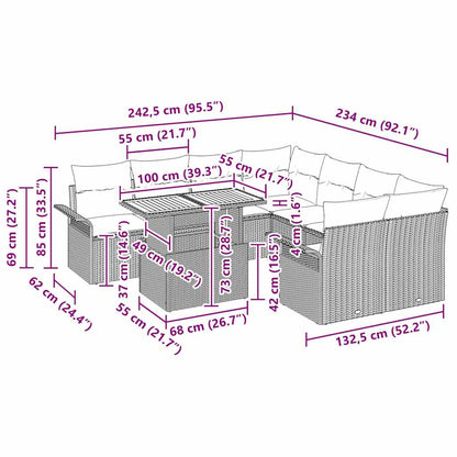 vidaXL Gartensofa-set mit Kissen 11 pcs Schwarz Poly-Rattan