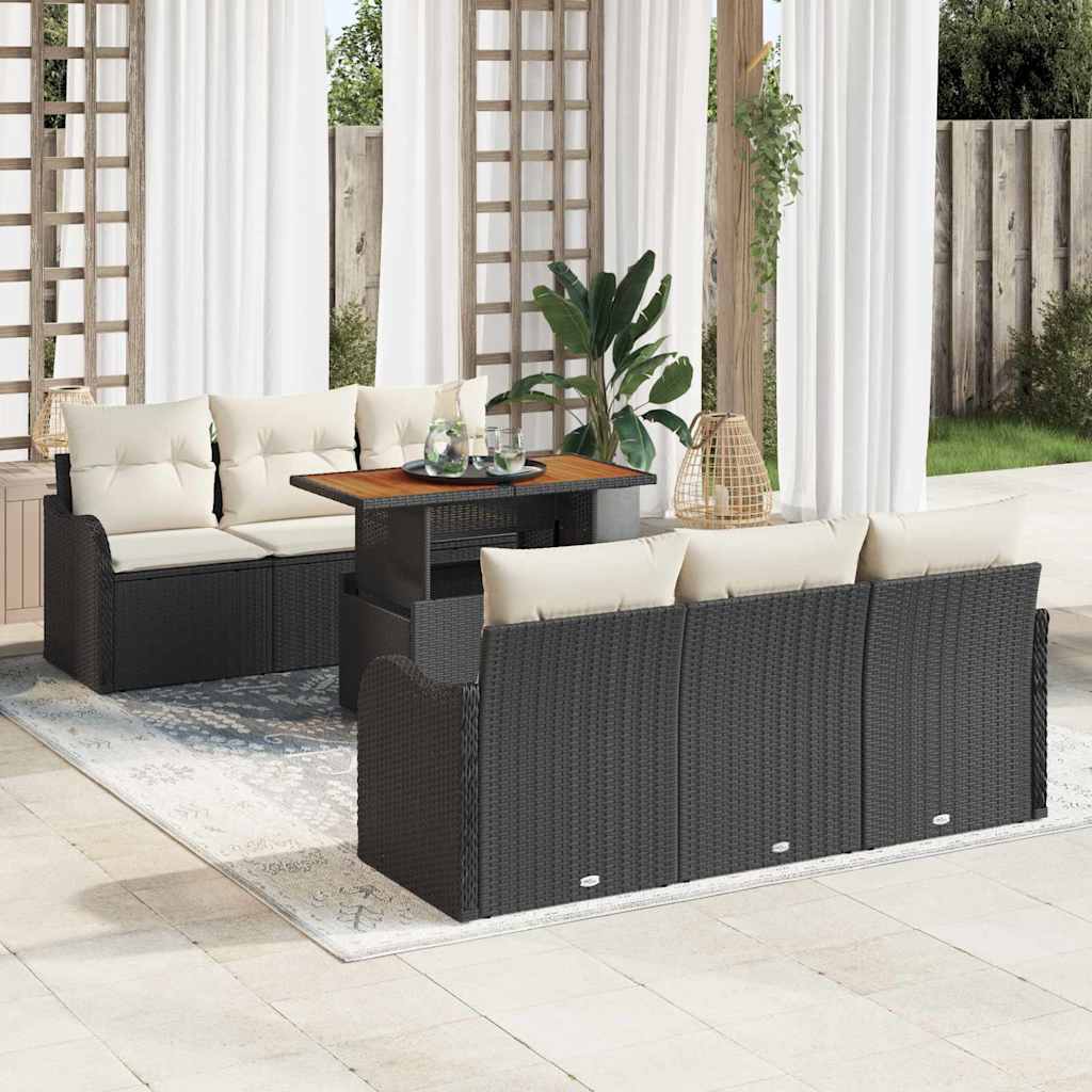 Gartensofa-set mit Kissen 7 pcs Schwarz und Creme Poly-Rattan