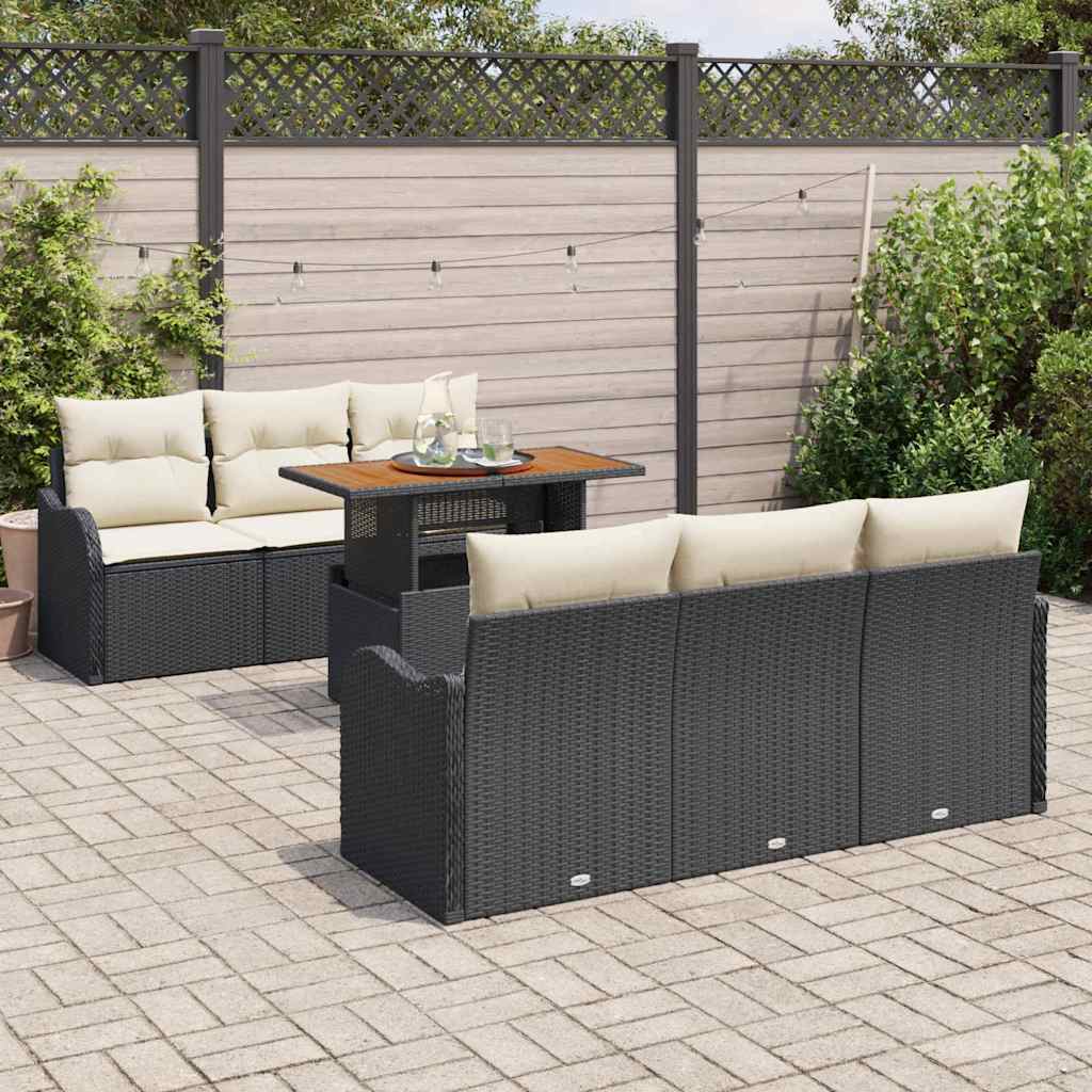 Gartensofa-set mit Kissen 7 pcs Schwarz und Creme Poly-Rattan