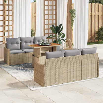 Gartensofa-set mit Kissen 7 pcs Beige und Hellgrau Poly-Rattan