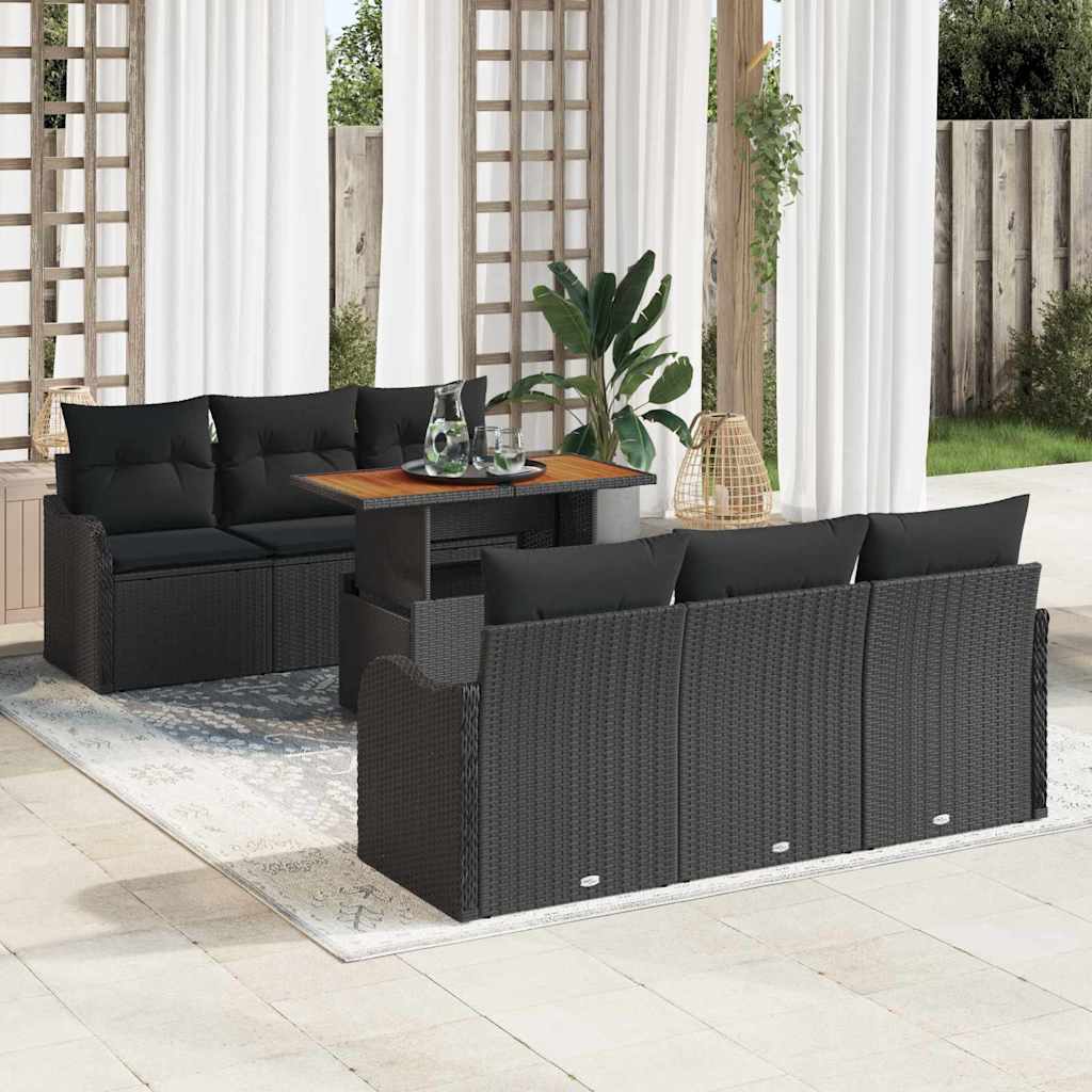 Gartensofa-set mit Kissen 7 pcs Schwarz Poly-Rattan