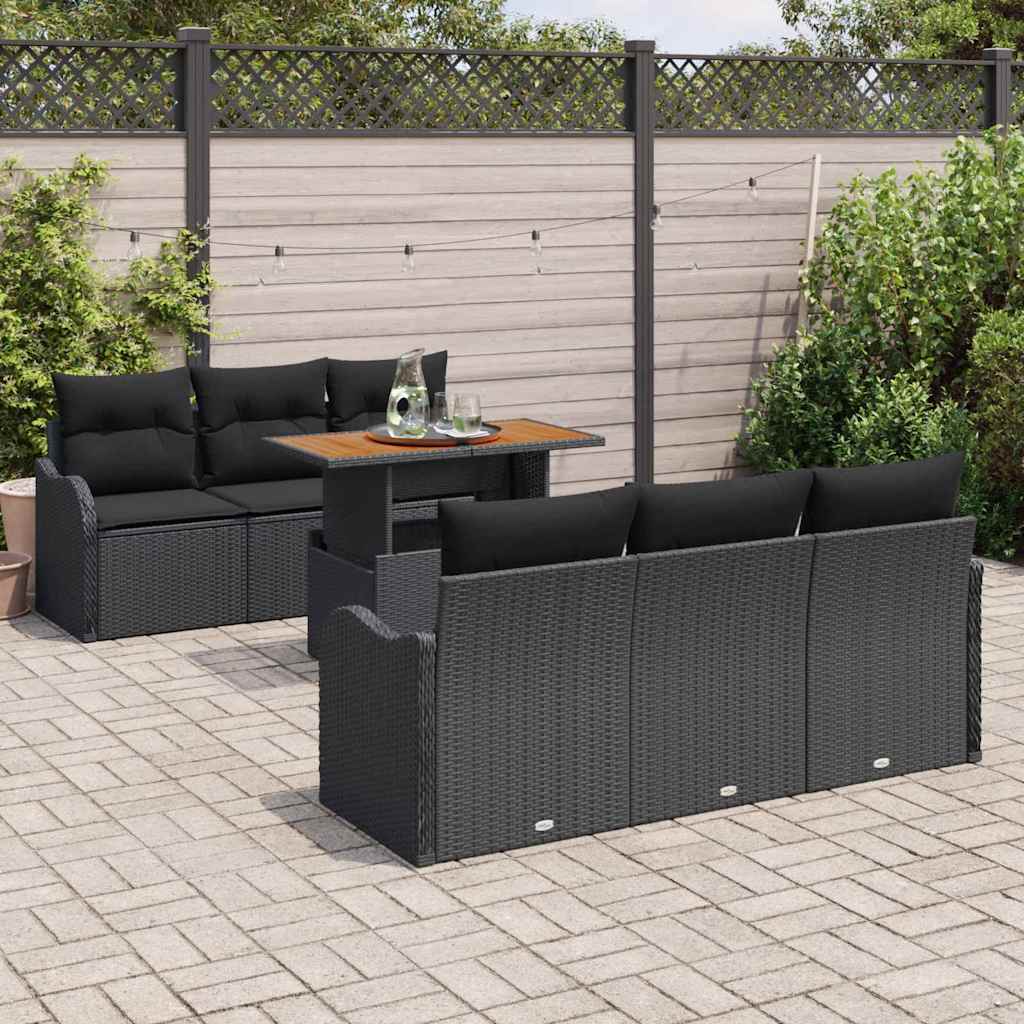 Gartensofa-set mit Kissen 7 pcs Schwarz Poly-Rattan