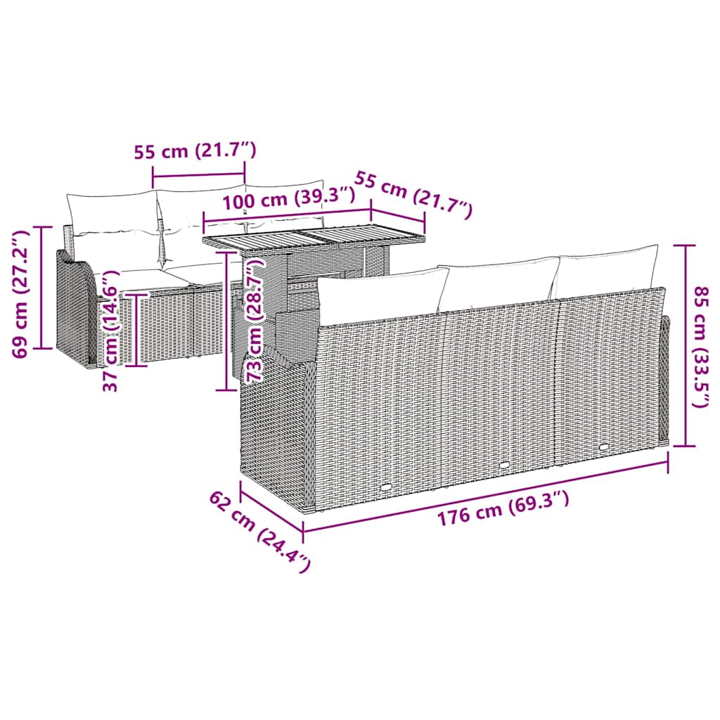 Gartensofa-set mit Kissen 7 pcs Schwarz Poly-Rattan