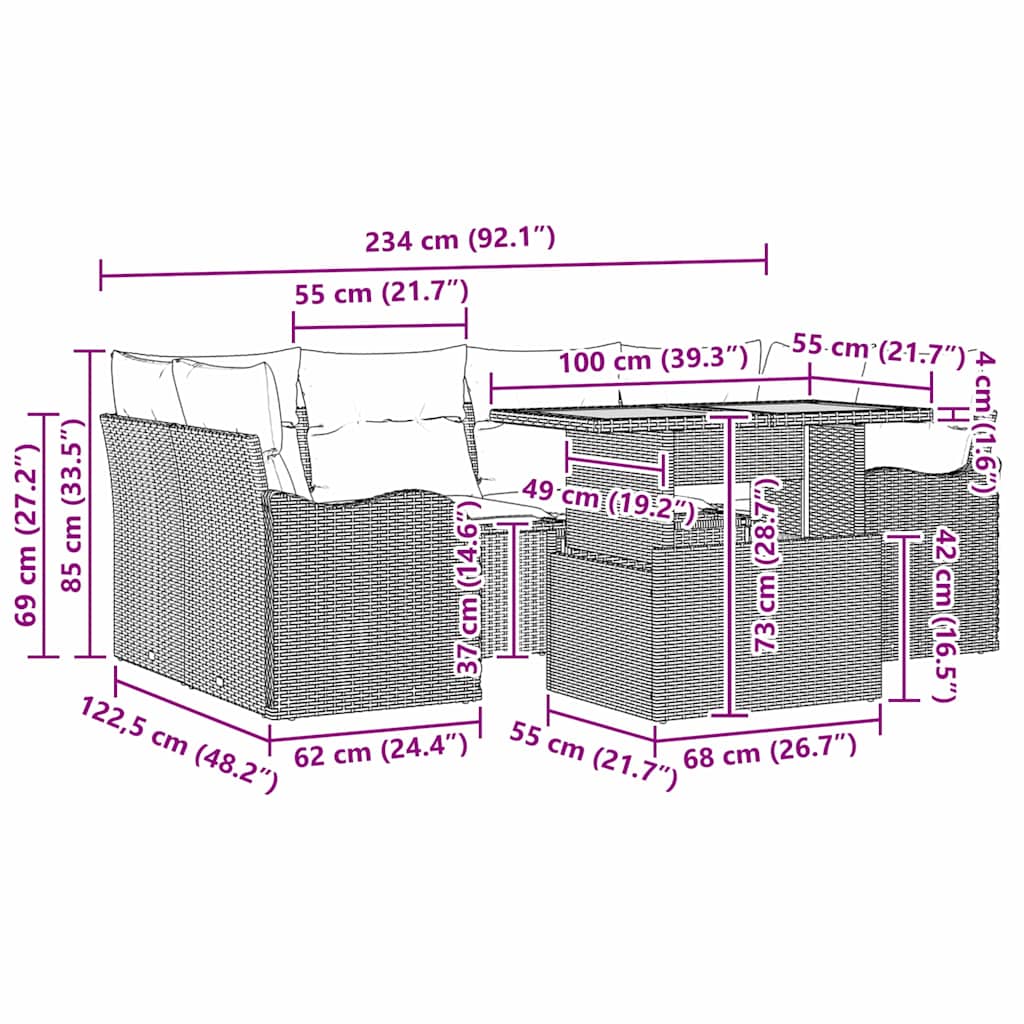 Garten-Sofa-Set mit Kissen 7 pcs Schwarz und Creme
