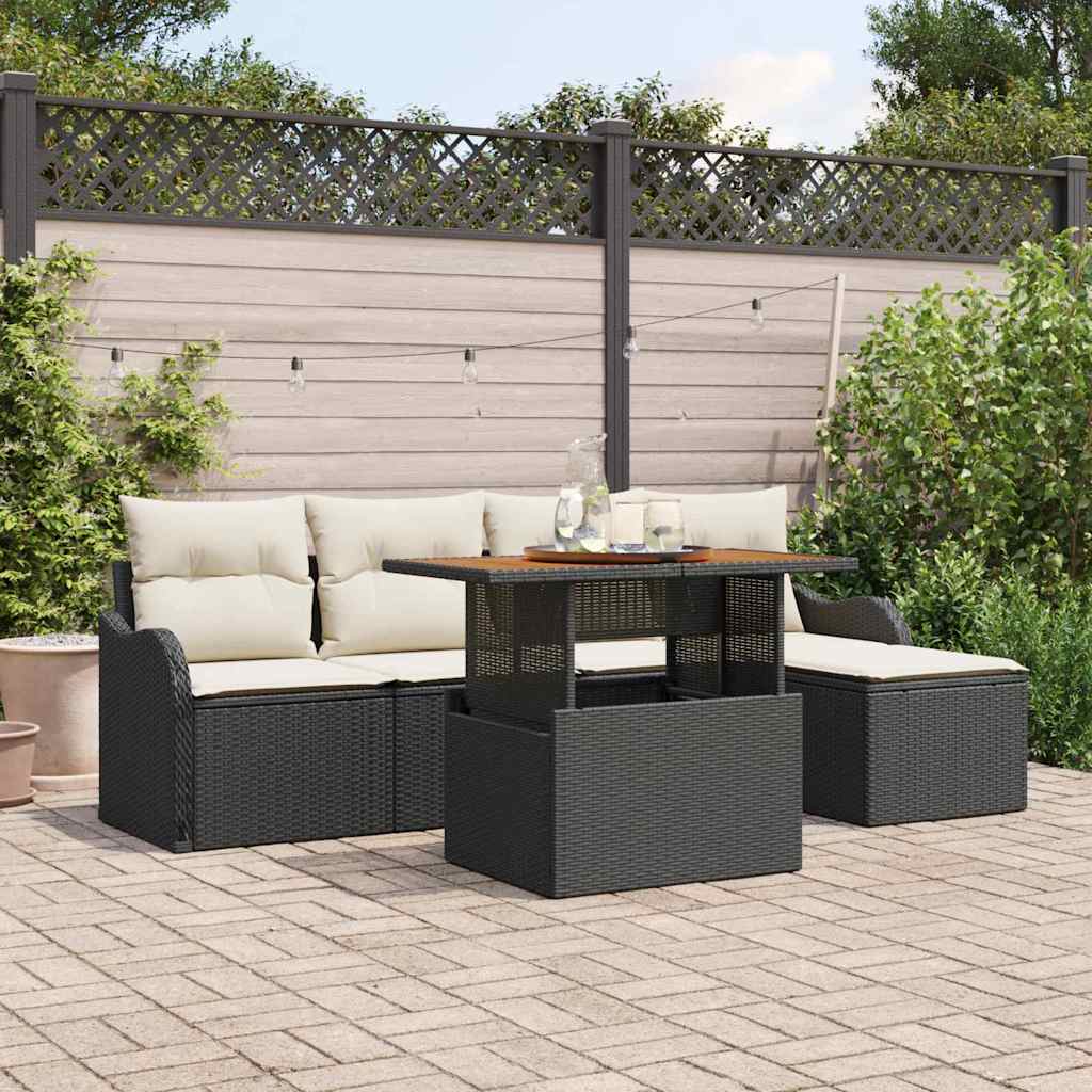 Gartensofa-set mit Kissen 6 pcs Schwarz und Creme Poly-Rattan