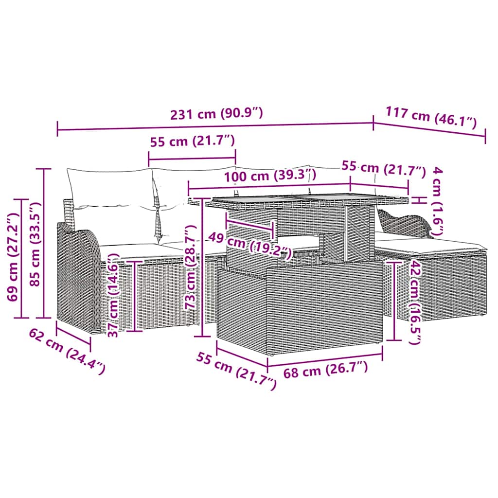 Gartensofa-set mit Kissen 6 pcs Schwarz und Creme Poly-Rattan