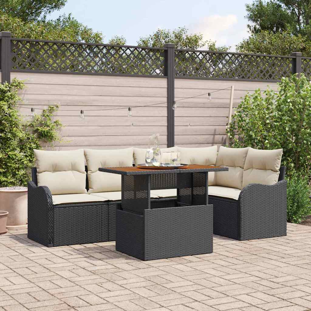 Gartensofa-set mit Kissen 6 pcs Schwarz und Creme Poly-Rattan