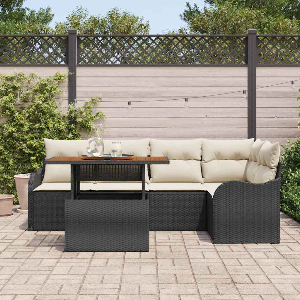 Gartensofa-set mit Kissen 6 pcs Schwarz und Creme Poly-Rattan