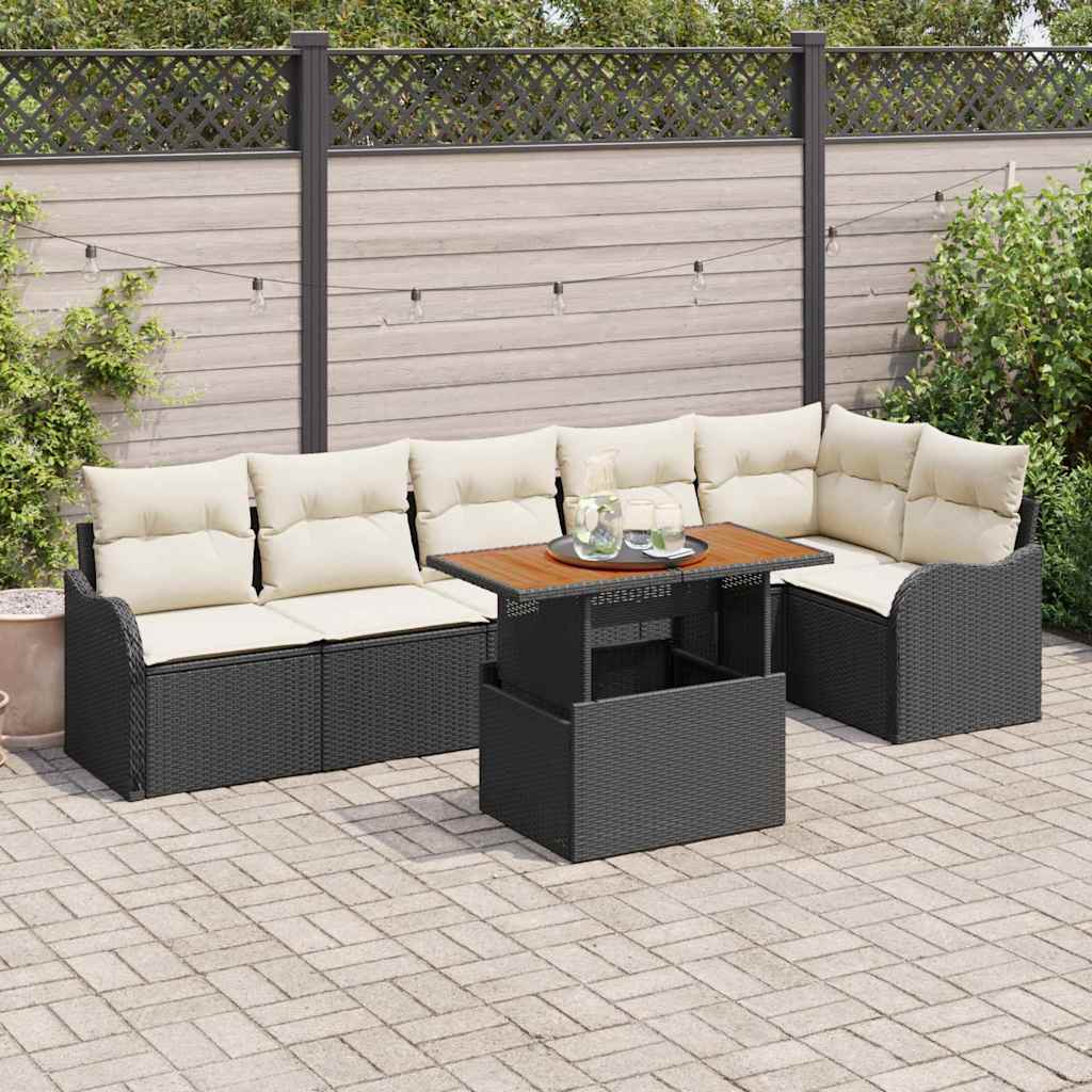 Garten-Sofa-Set mit Kissen 7 pcs Schwarz und Creme