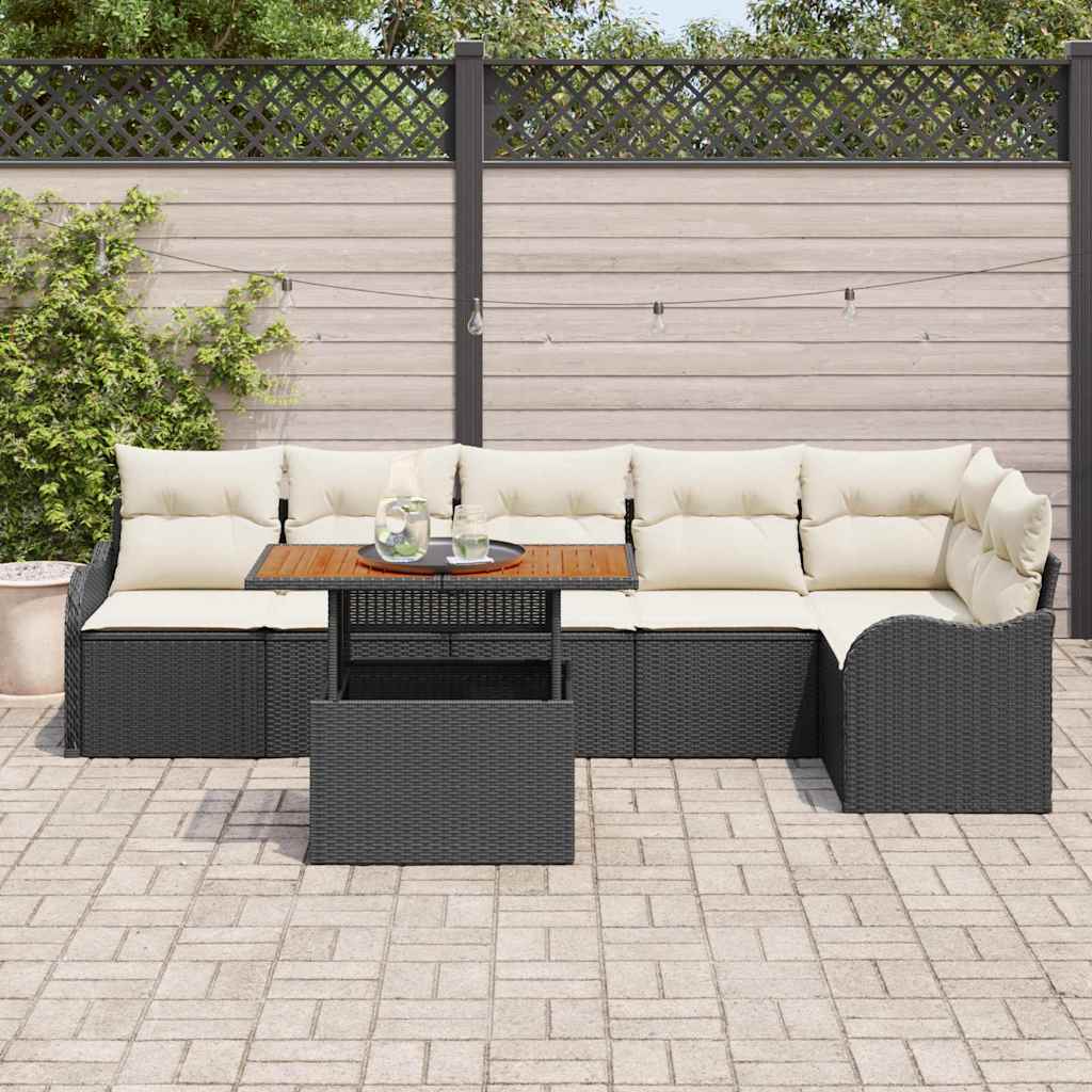 Garten-Sofa-Set mit Kissen 7 pcs Schwarz und Creme