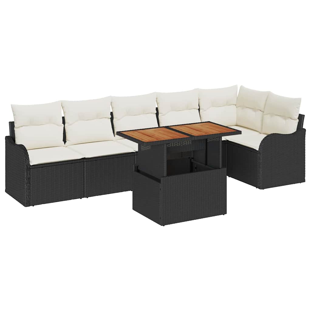 Garten-Sofa-Set mit Kissen 7 pcs Schwarz und Creme