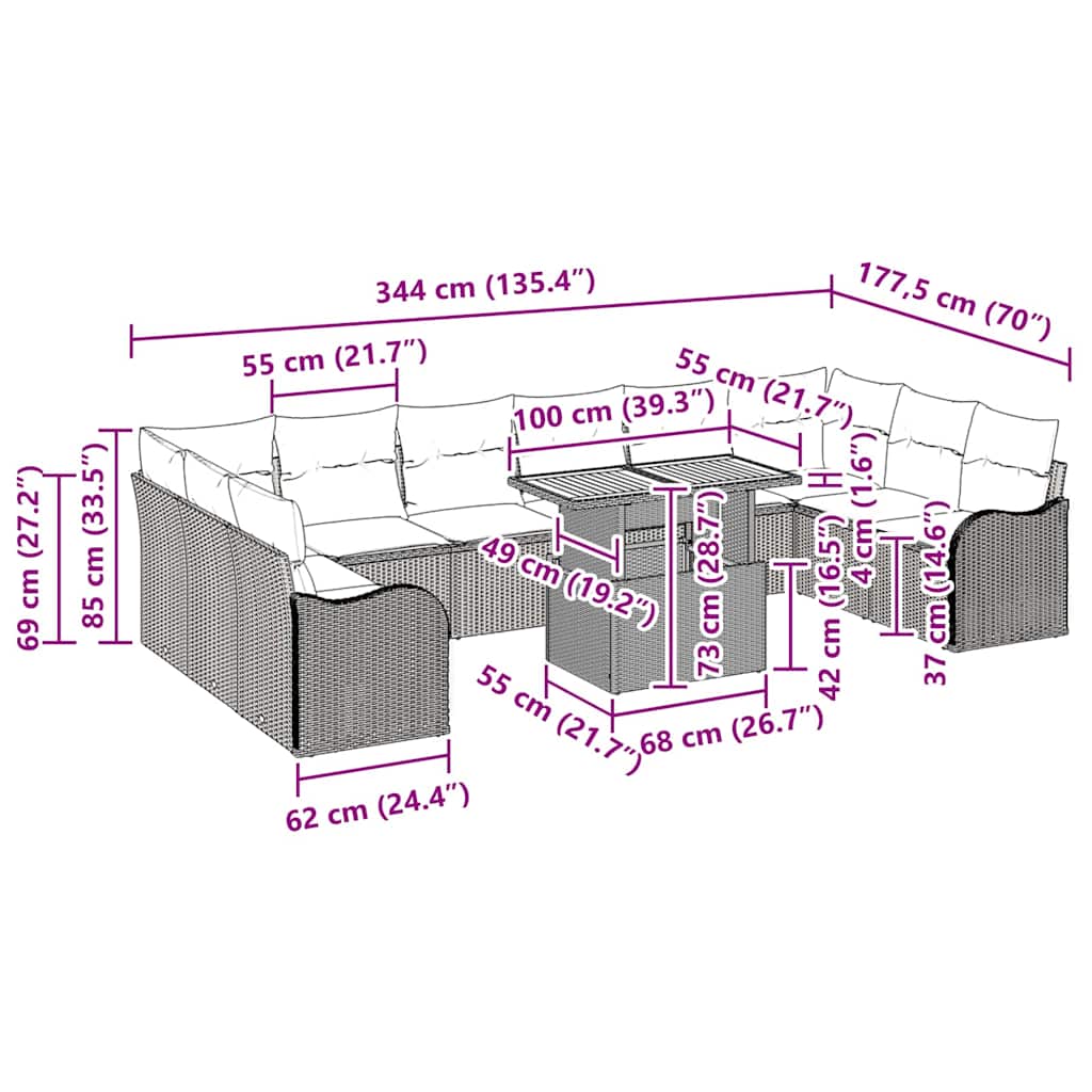 Garten-Sofa-Set mit Kissen 11 pcs Grau