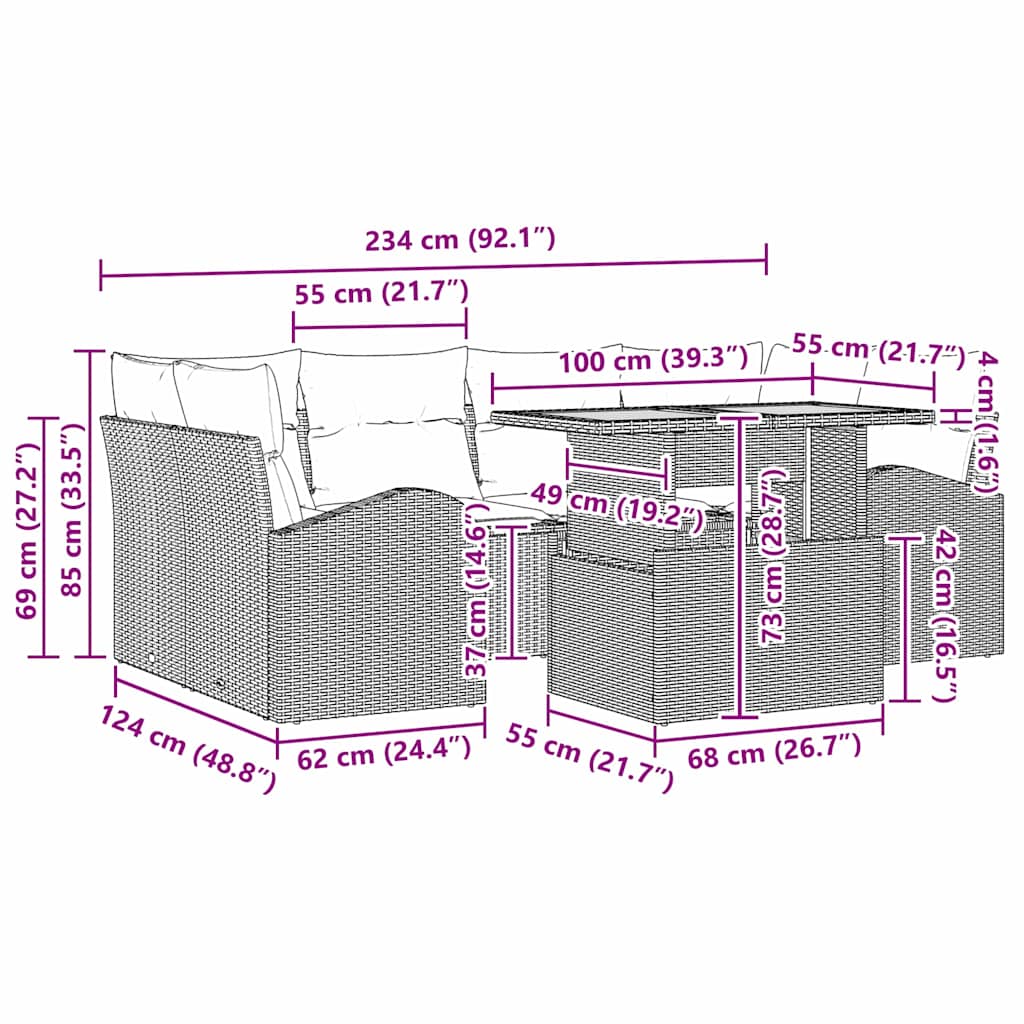 vidaXL Garten-Sofa-Set mit Kissen 7 pcs Schwarz und Creme