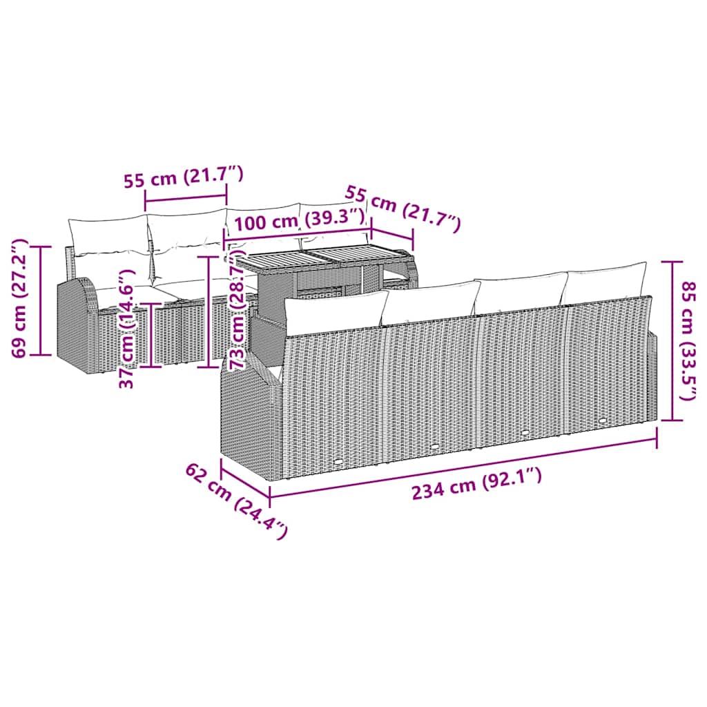 Garten-Sofa-Set mit Kissen 7 pcs Grau