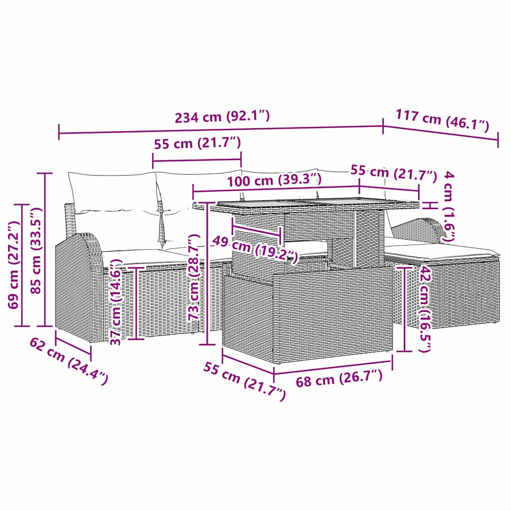Garten-Sofa-Set mit Kissen 6 pcs Schwarz