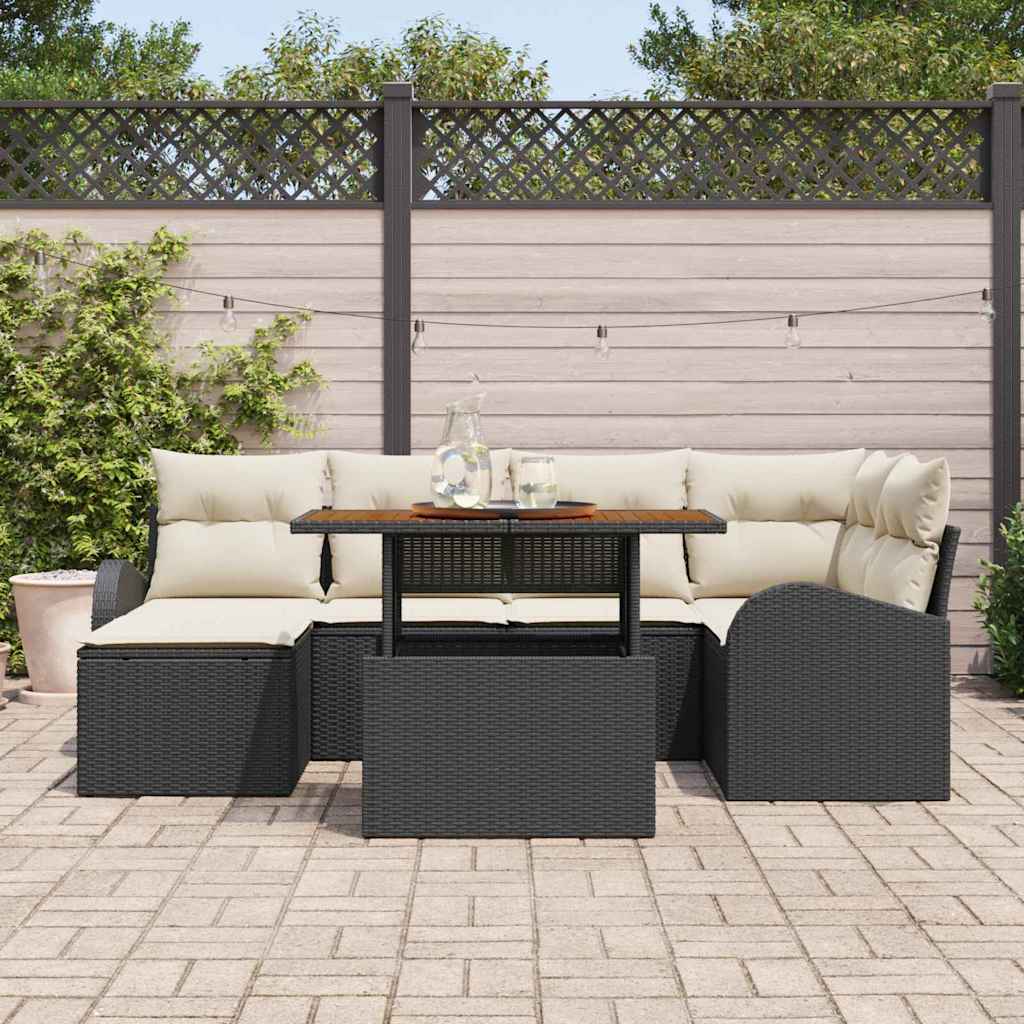 Garten-Sofa-Set mit Kissen 7 pcs Schwarz und Creme