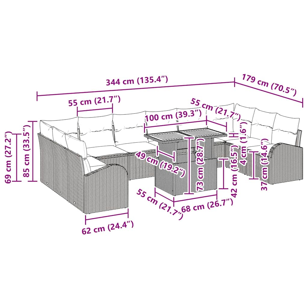 Garten-Sofa-Set mit Kissen 11 pcs Schwarz und Creme