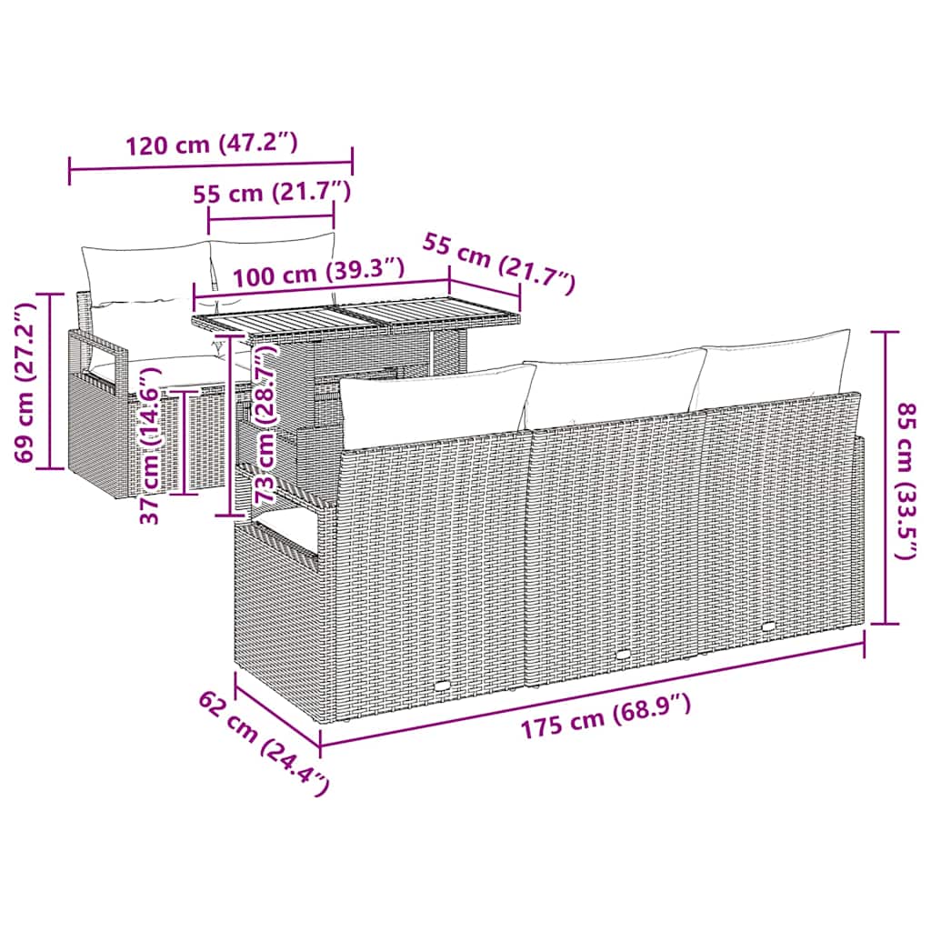 Garten-Sofa-Set mit Kissen 6 pcs Schwarz und Creme