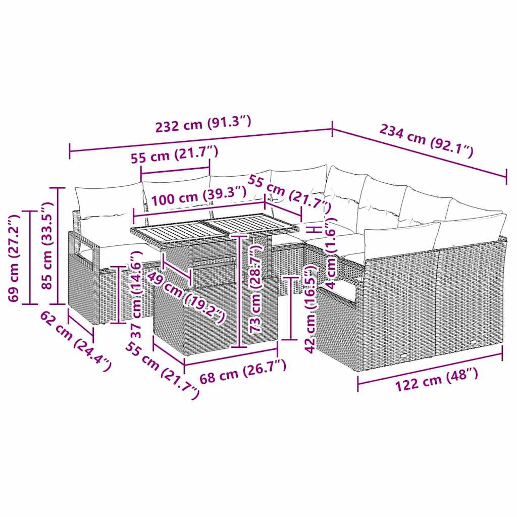 Garten Essgruppe mit Kissen 9 pcs Schwarz und Braun