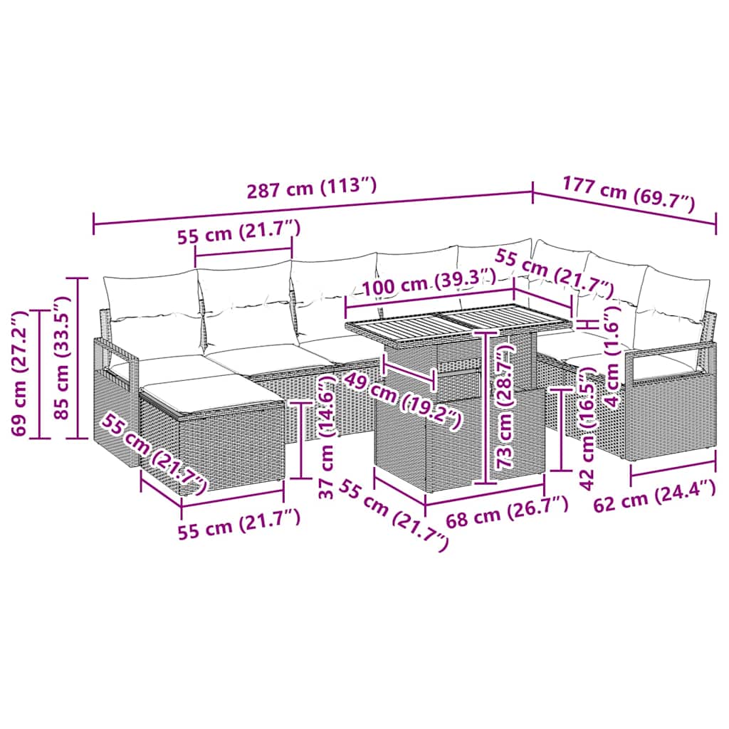vidaXL Garten-Sofa-Set mit Kissen 9 pcs Beige und Grau