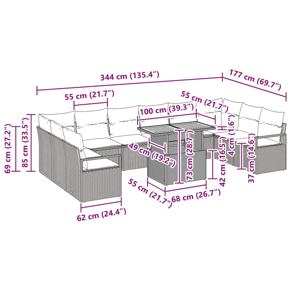 Garten-Sofa-Set mit Kissen mit Kissen 11 pcs Schwarz und Creme
