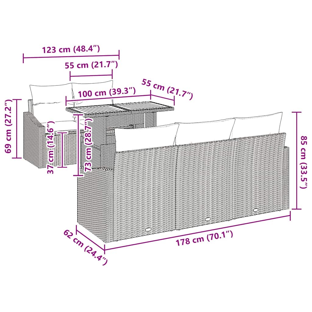 Garten Essgruppe mit Kissen 6 pcs Schwarz und Braun