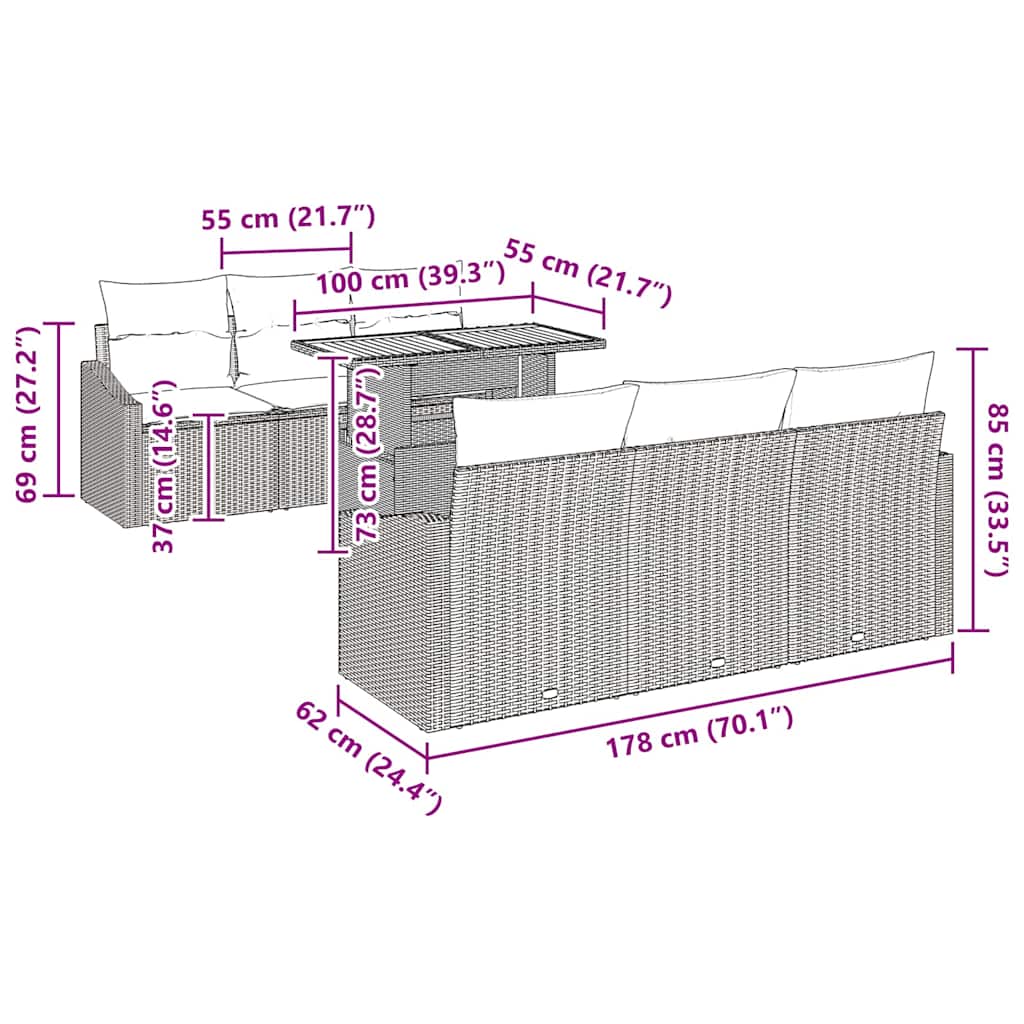 Garten-Sofa-Set mit Kissen mit Kissen 7 pcs Schwarz und Braun