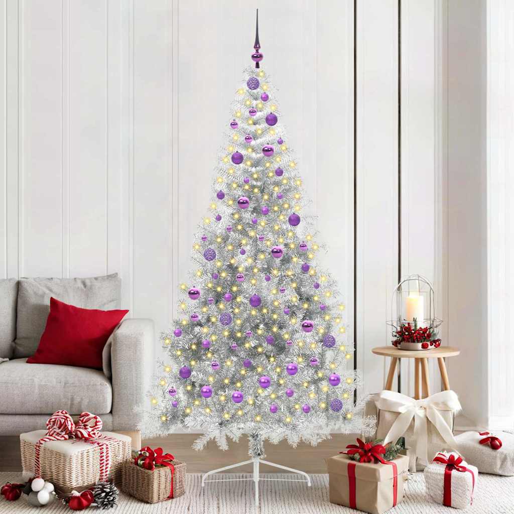 vidaXL Künstlicher vorbeleuchteter Weihnachtsbaum Silber 210 cm PET
