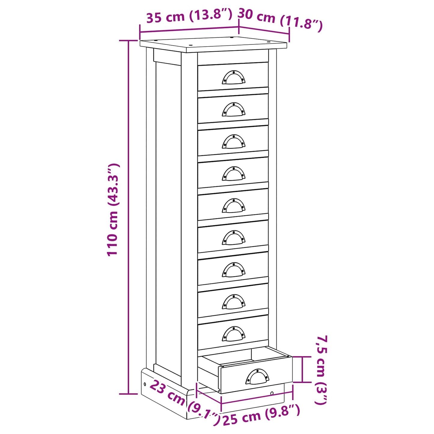 Kommode mit Schubladen Natur 35 x 30 x 110 cm Massivholz Teak