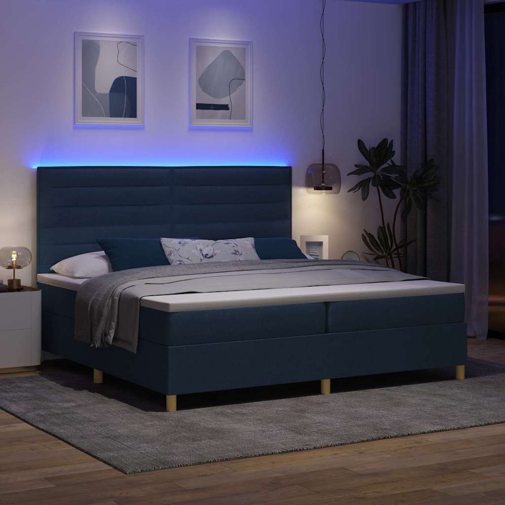 LED Boxspringbett mit Matratze Blau 200 x 200 cm Stoff