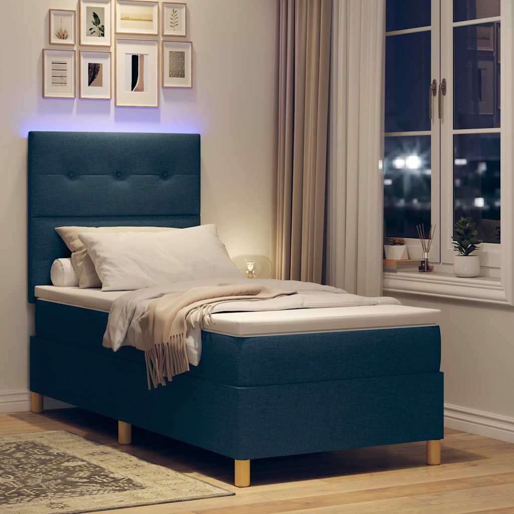 LED Boxspringbett mit Matratze Blau 100 x 200 cm Stoff