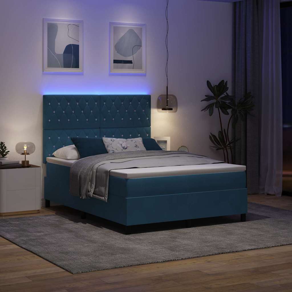 LED Boxspringbett mit Matratze Dunkelblau 140 x 190 cm Samt