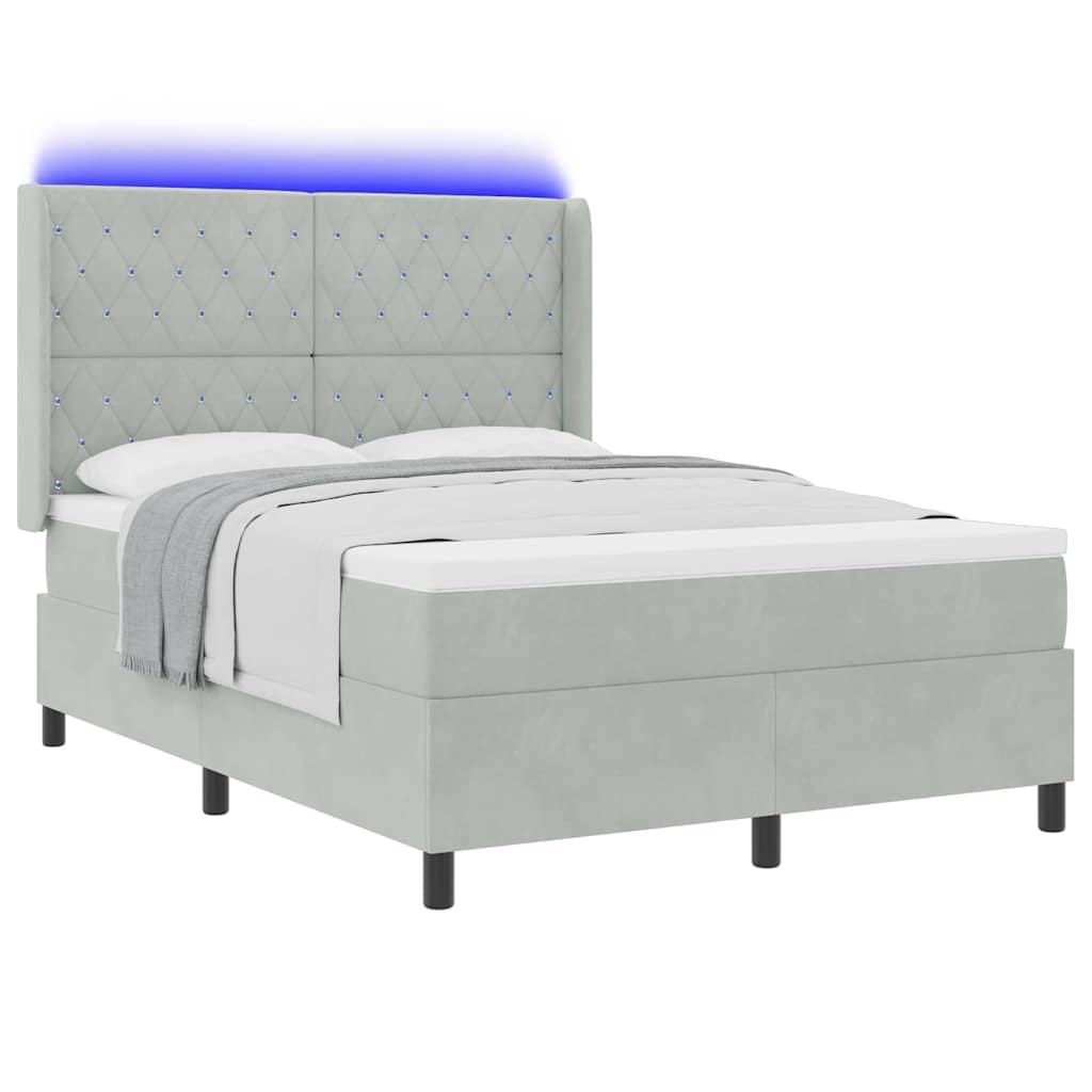 Boxspringbett mit LED-Lichtleisten Hellgrau 140 x 190 cm Samt
