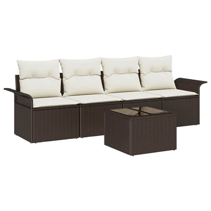 Gartensofa-set mit Kissen 5 pcs Braun und Creme Poly-Rattan