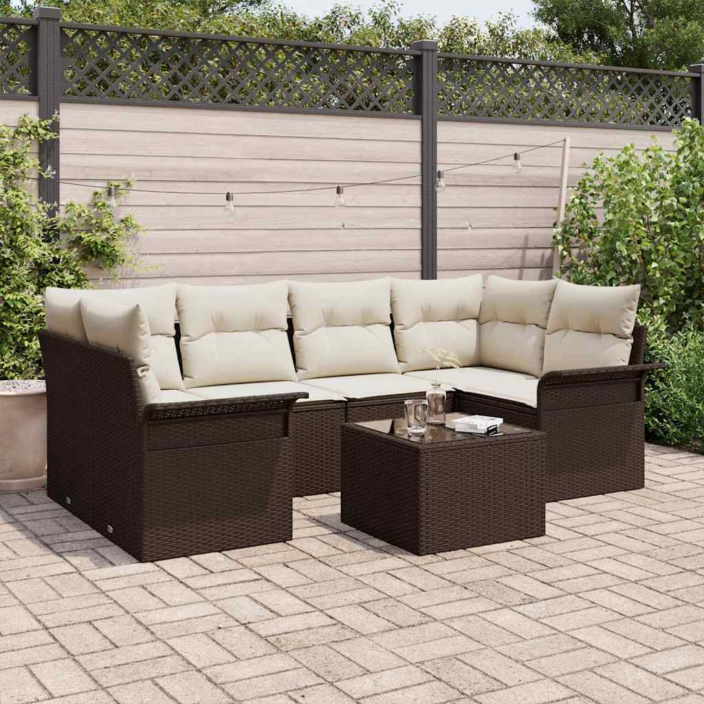 Gartensofa-set mit Kissen 7 pcs Braun und Creme Poly-Rattan