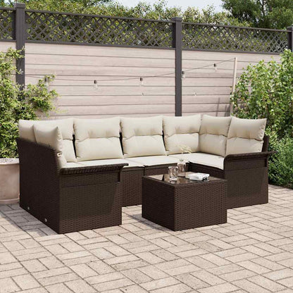 Gartensofa-set mit Kissen 7 pcs Braun und Creme Poly-Rattan