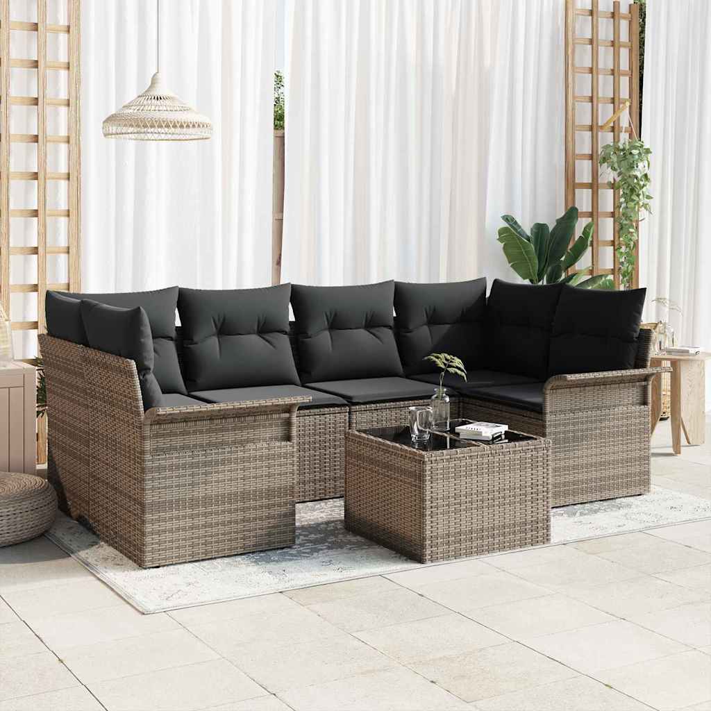 Garten-Sofa-Set 7 pcs Grau Poly-Rattan und Stahl und Glas