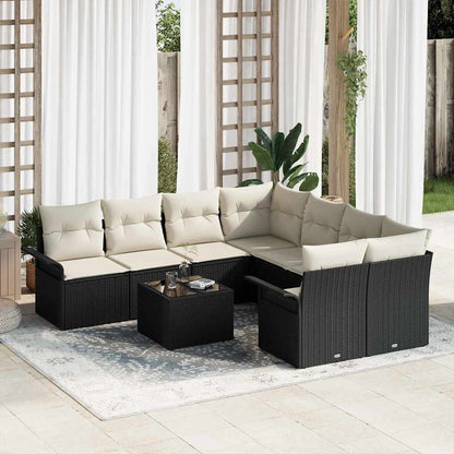 Gartensofa-set mit Kissen 9 pcs Schwarz und Creme Poly-Rattan