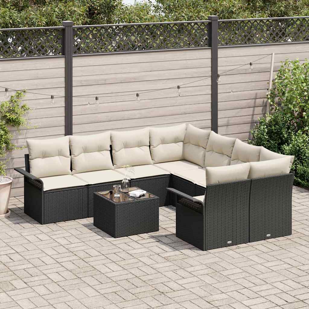 Gartensofa-set mit Kissen 9 pcs Schwarz und Creme Poly-Rattan
