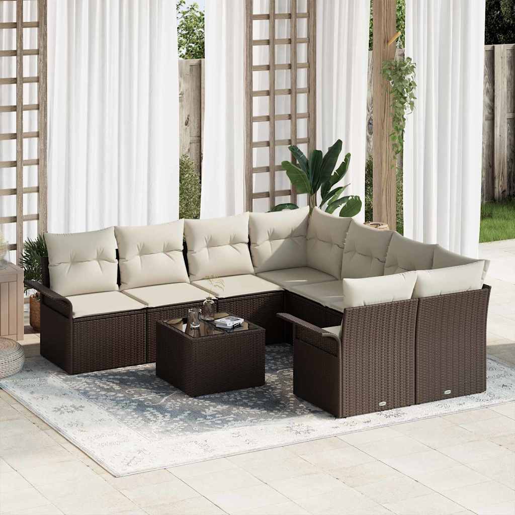 Gartensofa-set mit Kissen 9 pcs Braun und Creme Poly-Rattan